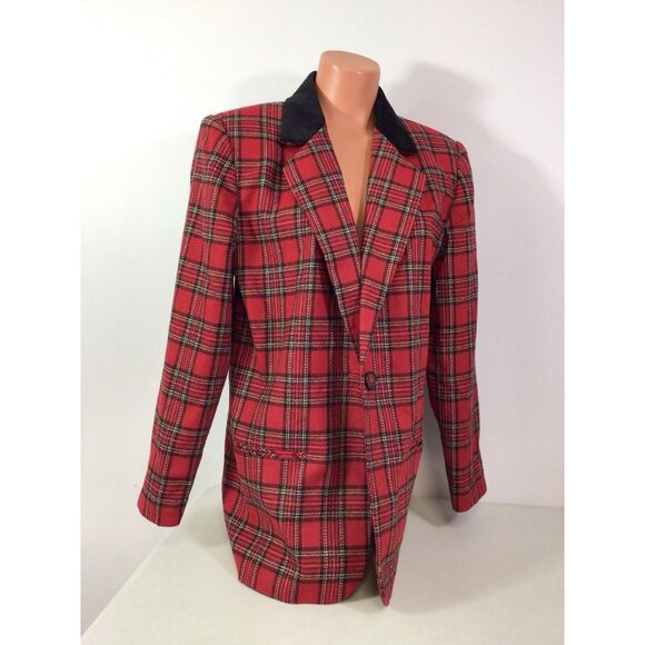 Preppy Plaid Wool Blazer Y2K Jacket Velvet Collar Womens 12 - Picture 1 of 9